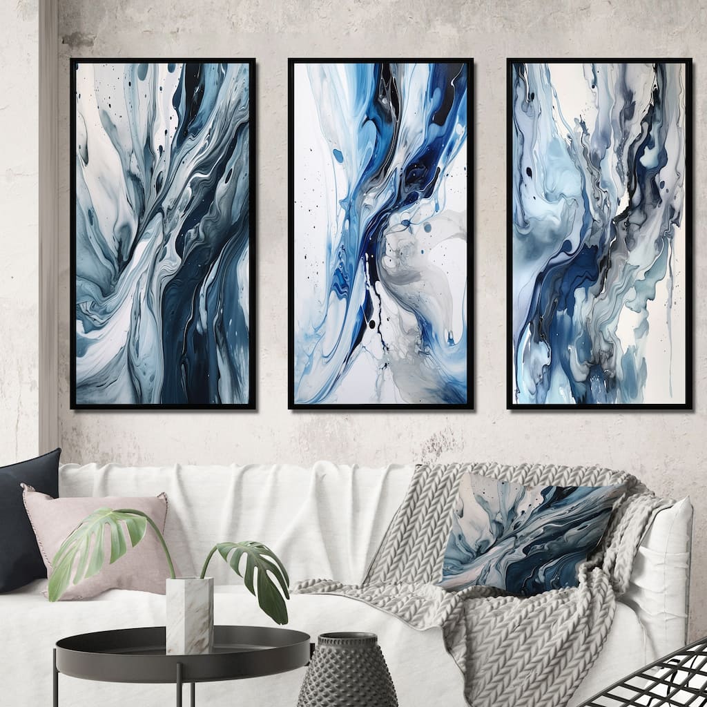 Designart "Blue And Grey Ethereal Elixir III" Abstract Framed Wall Art Set Of 3 Frame Canvas Set For Living Room Decor