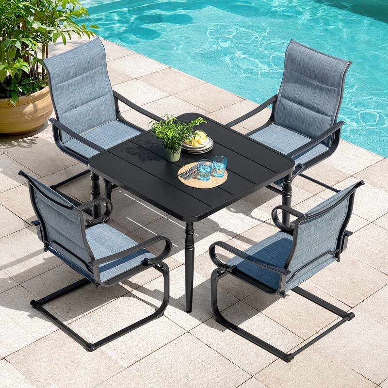 5-Piece Patio Outdoor Padded Textilene Metal Dining Set with Umbrella Hole