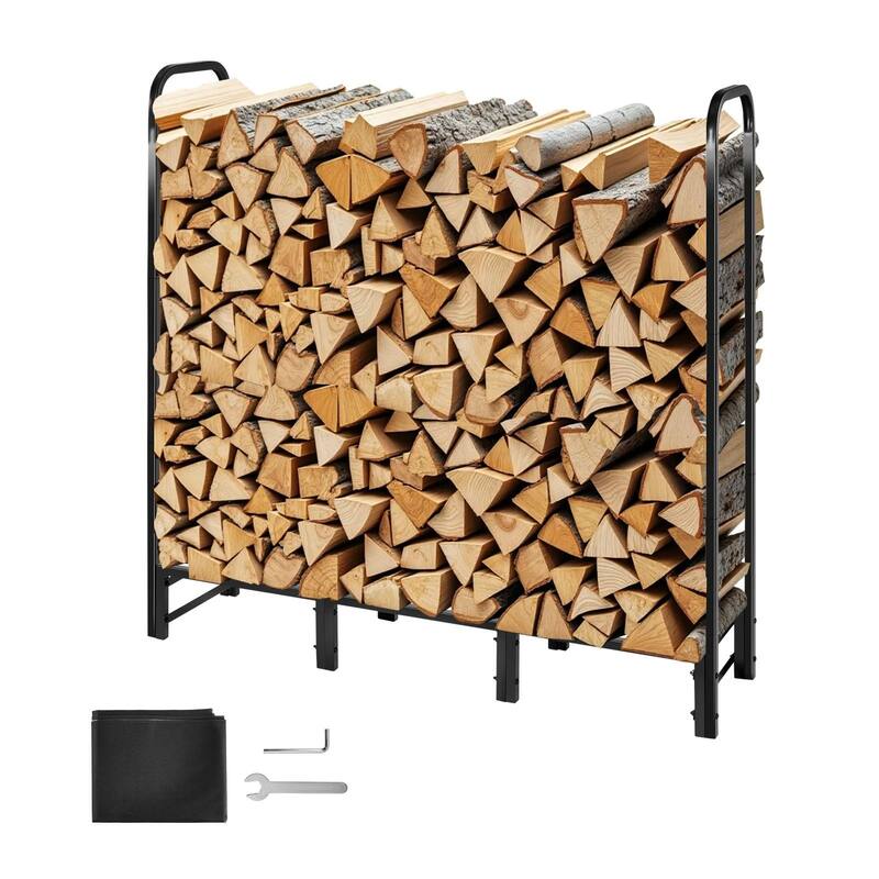 Black Steel Firewood Storage Rack with Full Coverage 600D Oxford Fabric Protective Cover - 48.03 × 12.60 × 46.46 in
