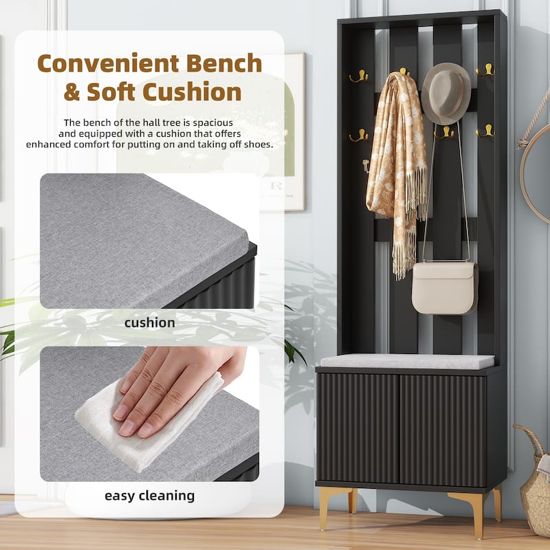 Modern 4-in-1 Hall Tree with Cushion, Fluted Doors, 8 Gold Hooks, Adjustable Shelf, Black Entryway Bench Cabinet