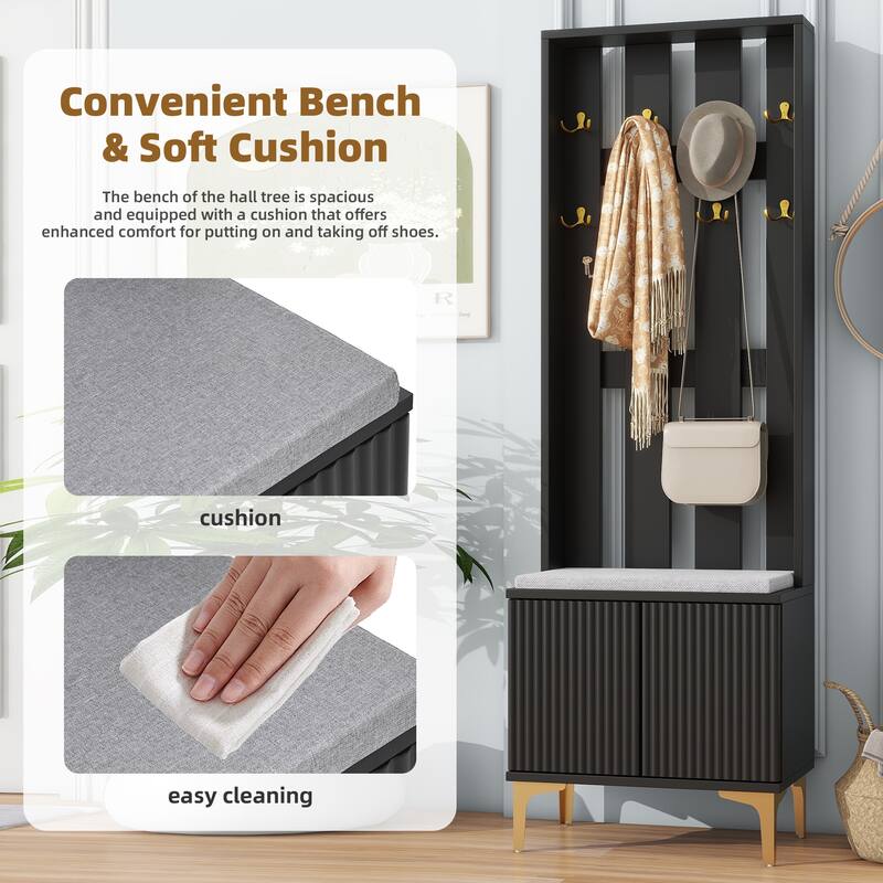 Modern Hall Tree, Wood Coat Rack with 8 Gold Hooks and Legs, Entryway Upholstered Bench with Adjustable Shelves & Doors