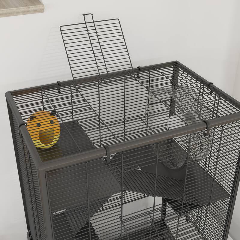 PawHut Large Hamster Cage with Deep Tempered Glass Bottom, 4 Tiers Hamster Tank with Running Wheel, Hut, Water Bottle, Black