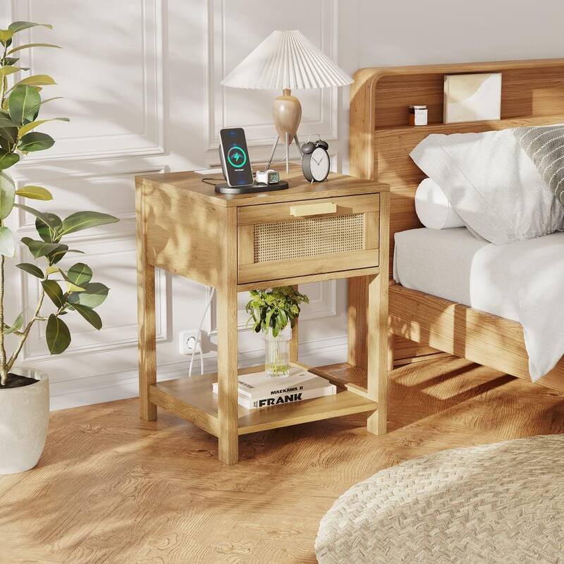 Rattan Nightstand with Charging Station, Wooden 15.7"D x 15.7"W x 21.7"H