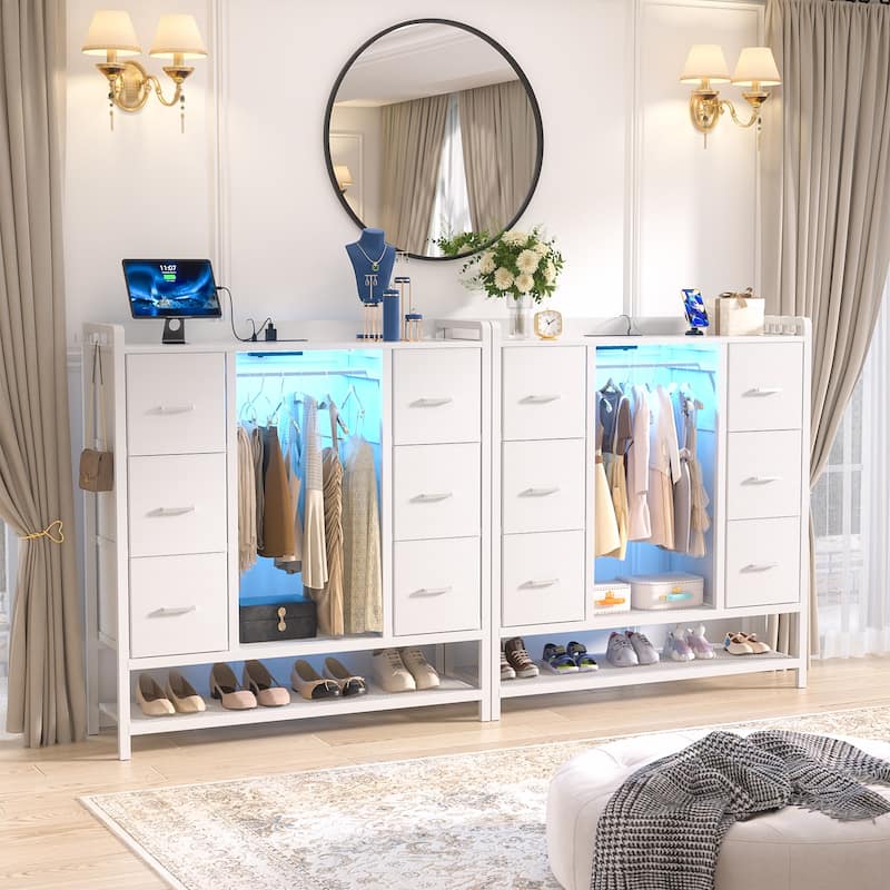 6 Drawers Kid's Dresser with LED Light, Closet Organizer with Hanging Rods and Shoe Rack