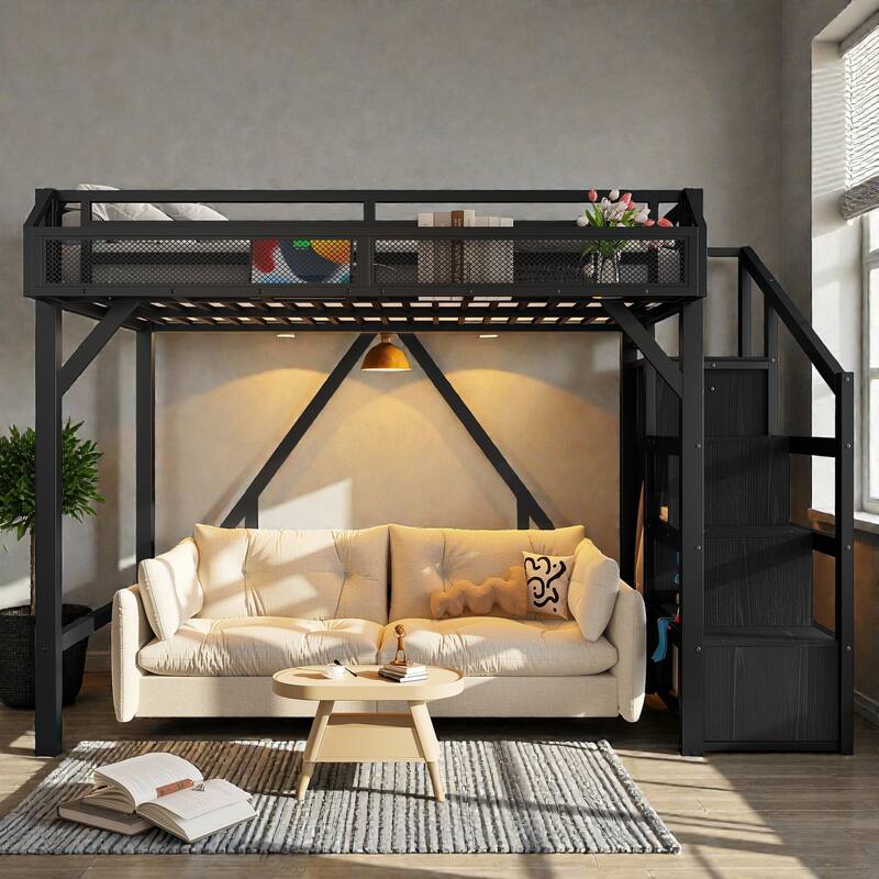 Metal Loft Bed with Storage Stairs, Wardrobe and Shelves, USB Ports and LED Lights, Noise Reduced Frame