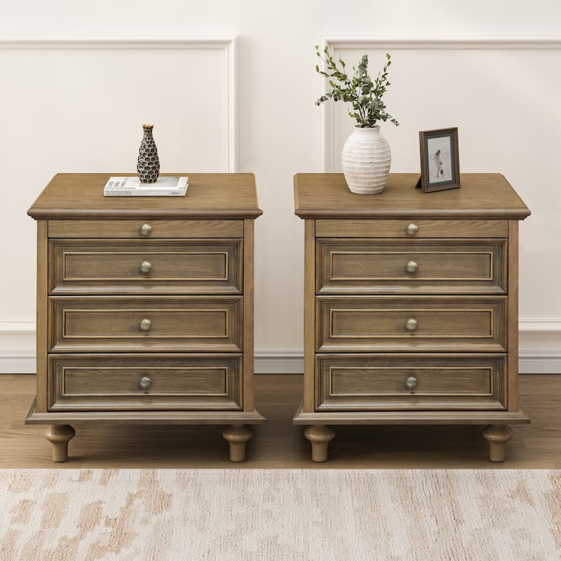 Nightstands Set of 2 with 4 Drawer,Wood Storage End Table with Hidden Pull-Out Shelf, 4 Solid Wood Feet and Metal Handle