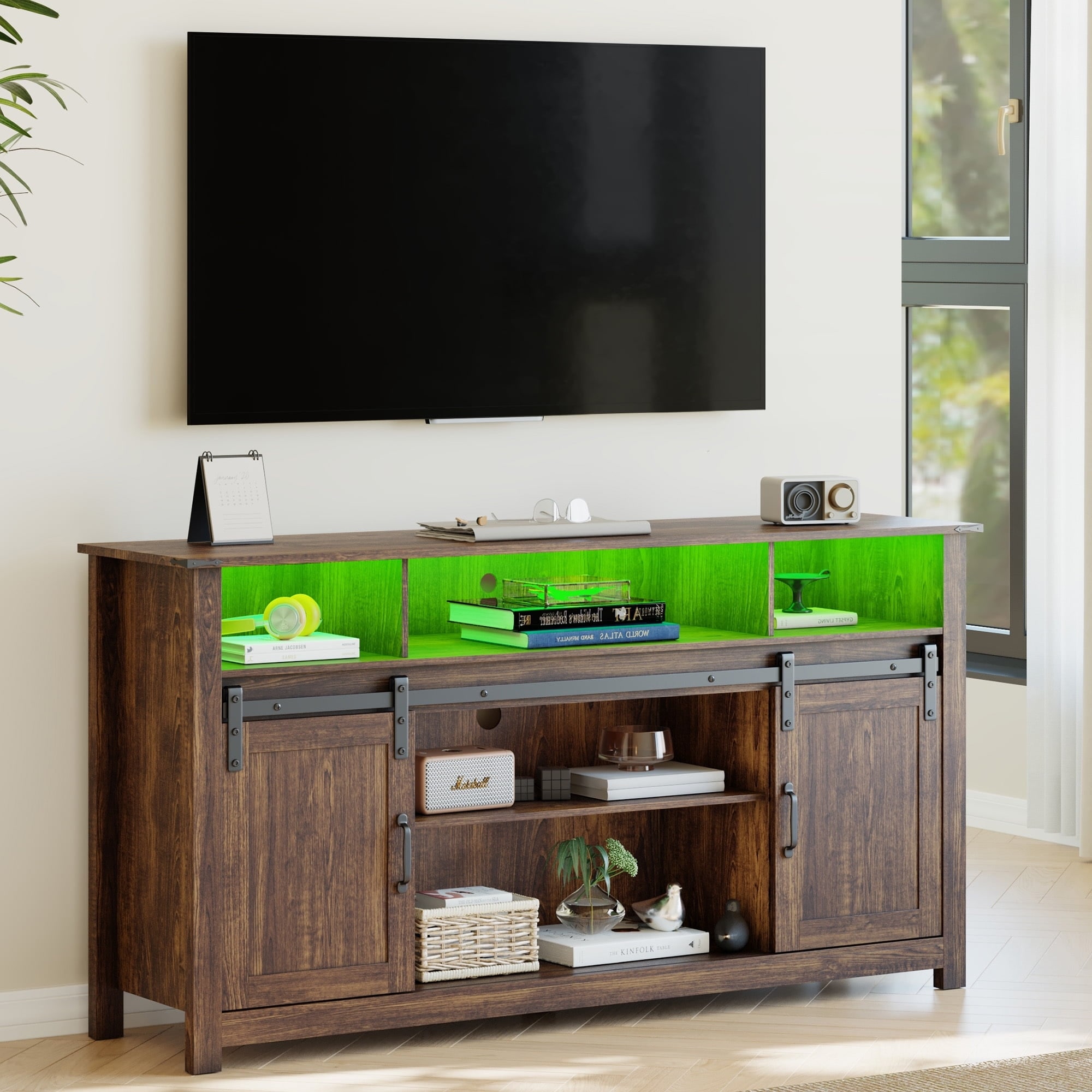 70-inch Rustic Farmhouse TV Stand with LED Lights, Power Outlets, Sliding Barn Doors, and Adjustable Storage Shelves