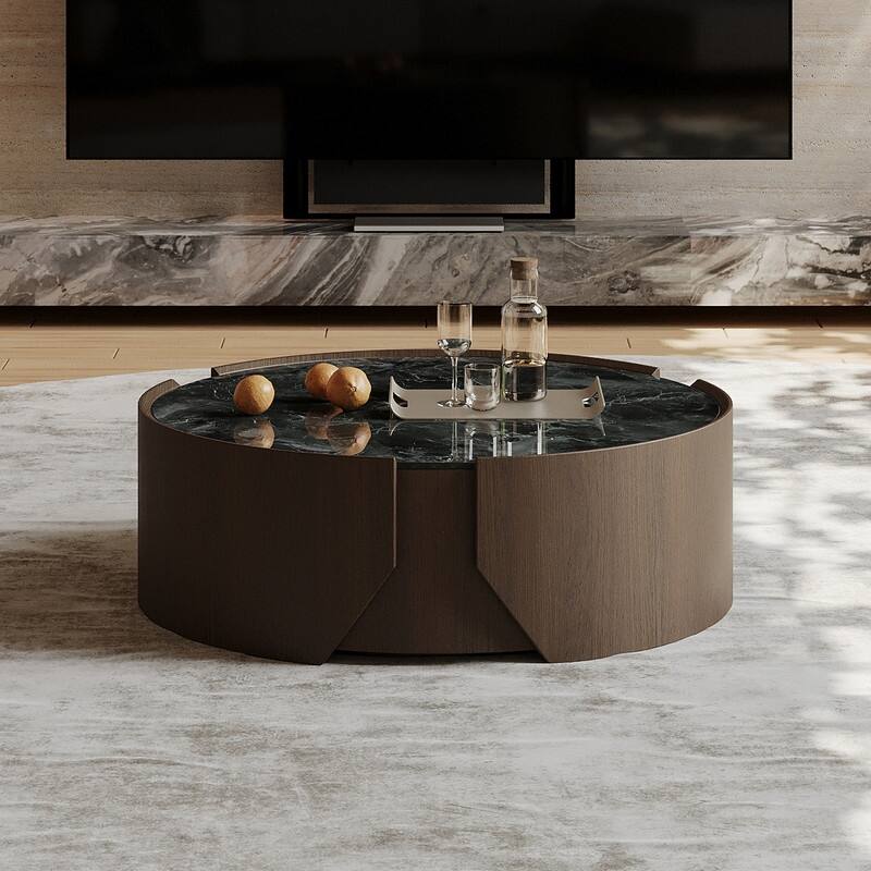 35.43" Modern Round Coffee Table, Dark Brown Solid wood, Glossy Faux Marble Table top, for Living Room
