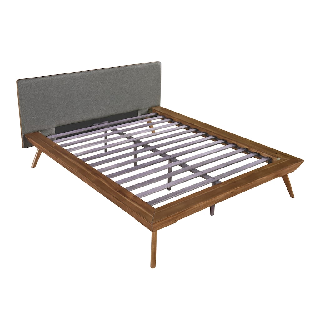 Full Size Platform Bed with Upholstered Headboard, Foam Cushion, Chestnut Wood Frame, No Box Spring Needed