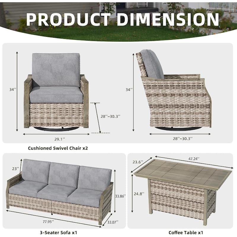 EROMMY 4-Piece Patio Furniture Set with Swivel Rocking Chairs, Outdoor Wicker Conversation Set with 3-Seat Sofa and Coffee Table