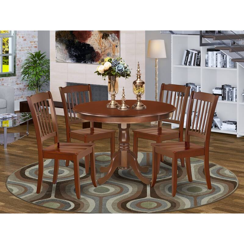 East West Furniture Dining Table Set- a Dining Table with Pedestal and Wood Seat Chairs, Mahogany(Pieces Options) - HLDA5-MAH-W