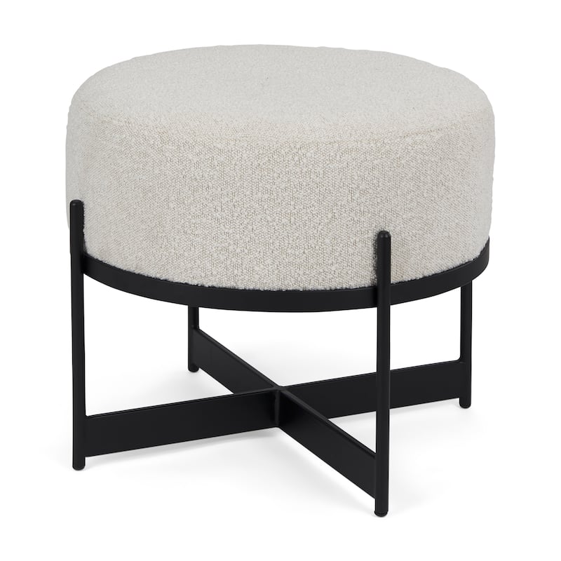 Amelia Cream Boucle Fabric with Black Metal Frame Round Ottoman - 21" Round