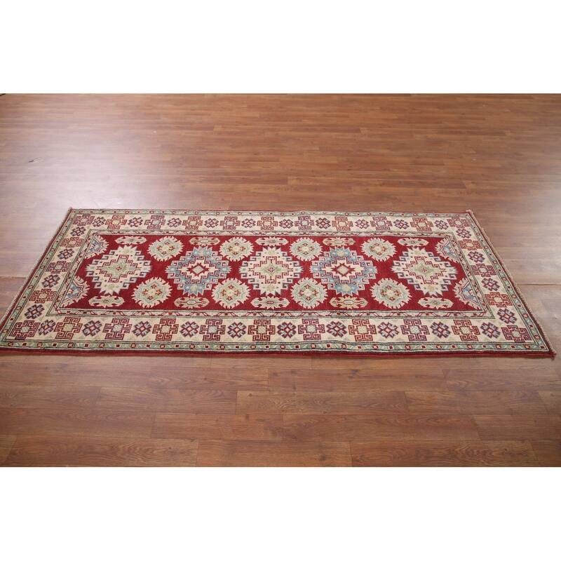 Hand Knotted Oriental 100% Wool Carpet Traditional Geometric Red Kazak Runner Rug - 6' 8'' X 2' 10''