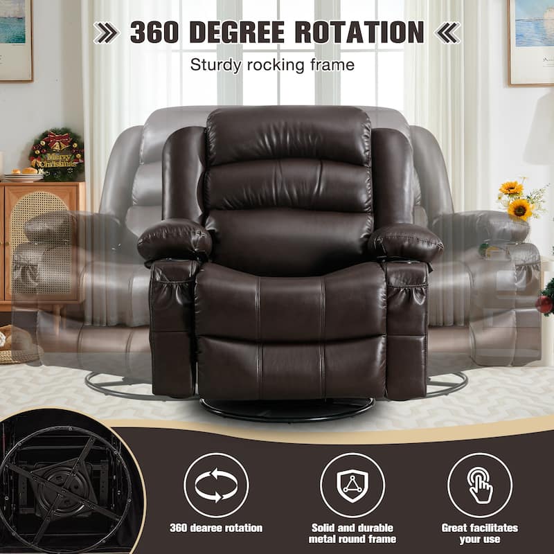 Recliner Chair with Massage & Heat, PU Leather Swivel Recliner, Electric Recliner with Side Pocket 2 Cup Holders & USB Port