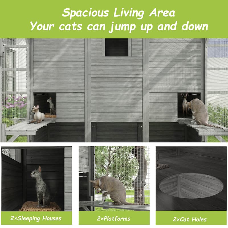 Large Outdoor Wooden Chicken Coop & Cat Enclosure with Run, 2 Colors Pet Cage