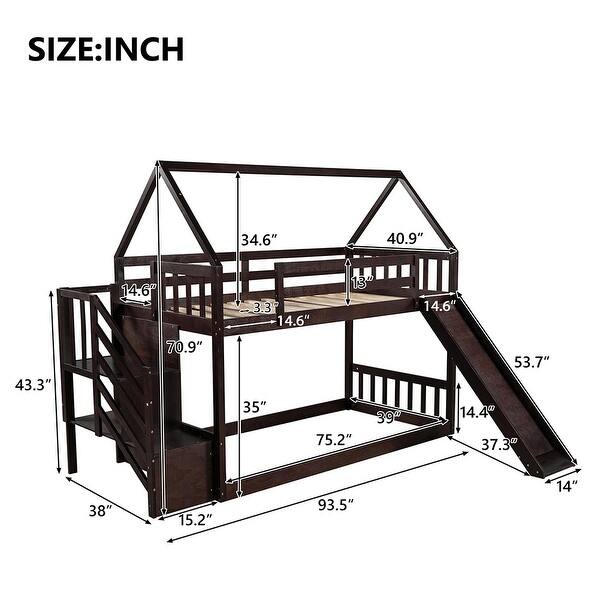 Twin over Twin House Bunk Bed with Slide and Storage Staircase - Bed ...