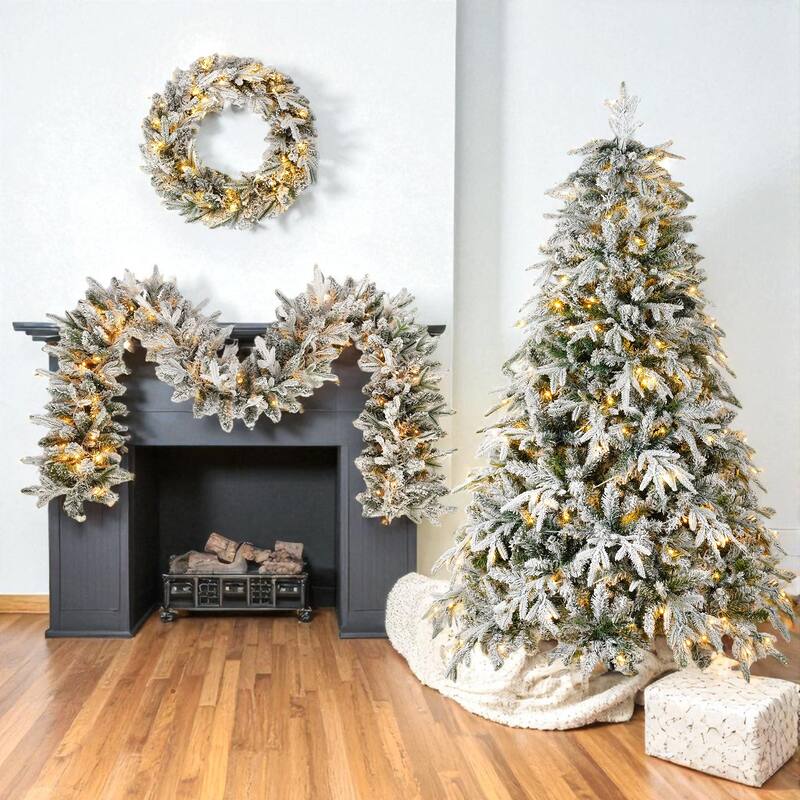 3-Piece Flocked Christmas Decor Set with Lights, 6FT Tree, 9FT Garland and Wreath, Snowy LED Holiday Display