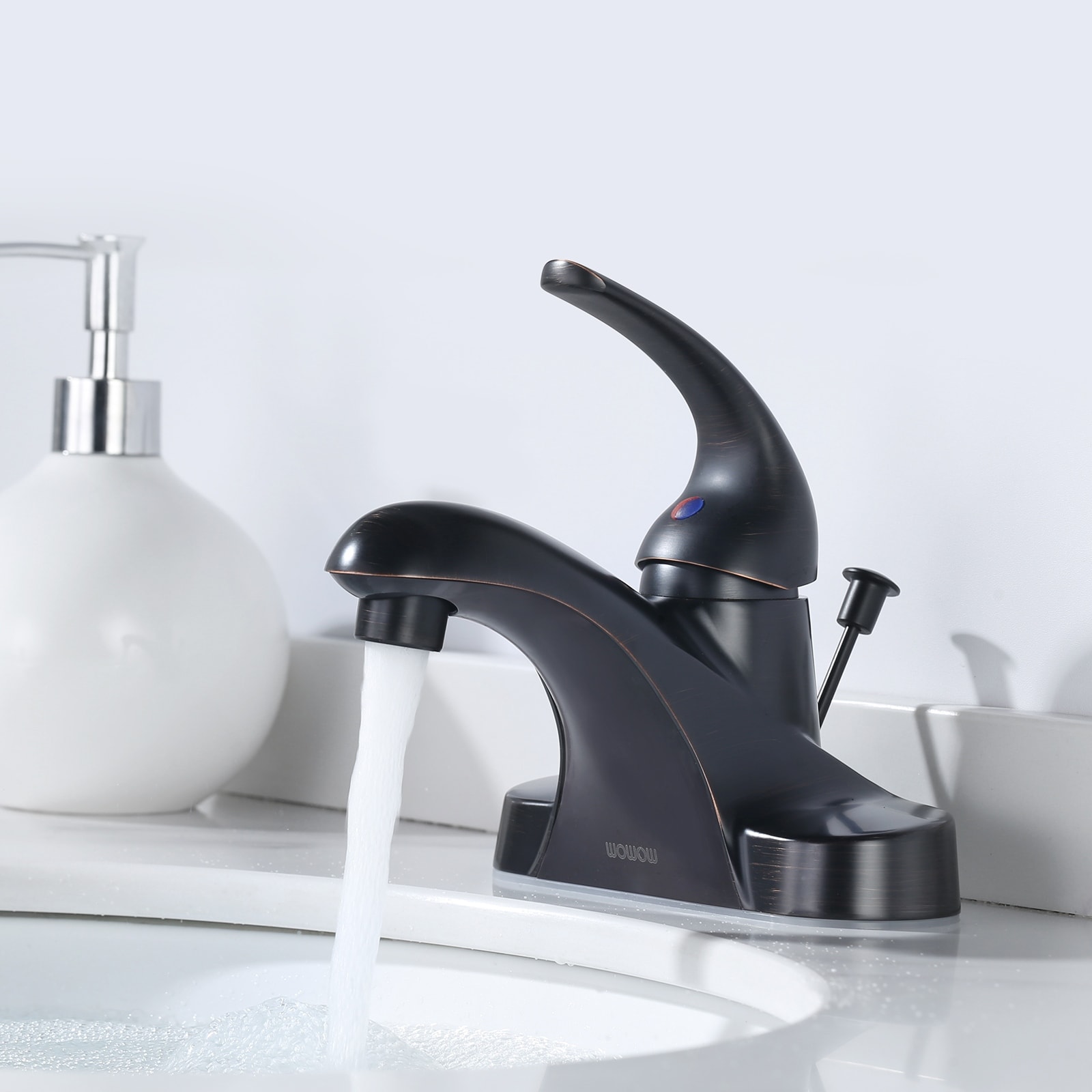 WOWOW 4 in. Centerset Single-Handle Low Arc Bathroom Faucet with Drain Kit