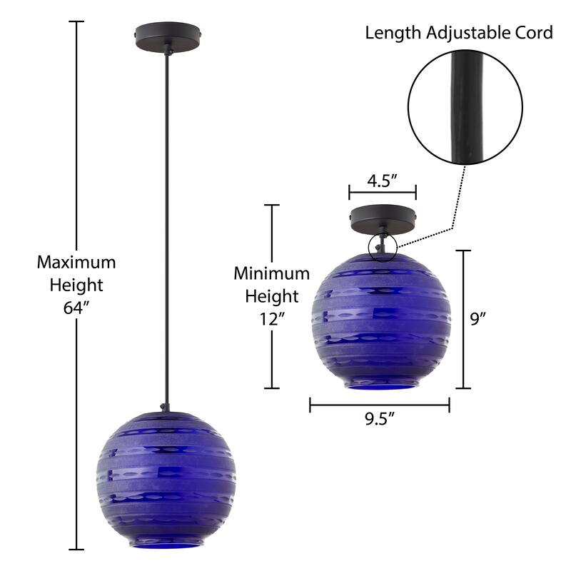 Hayley River of Goods Black Metal and Blue Blown Glass 9.5-Inch Pendant Light with Adjustable Hanging Cord - 9.5" x 9.5" x 64"