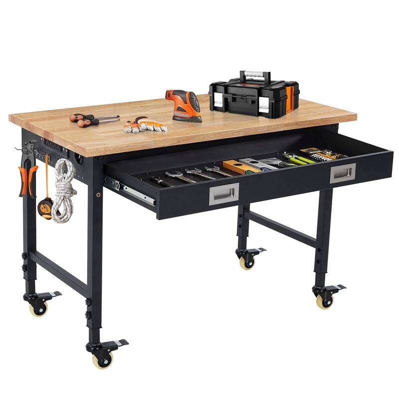 Heavy Duty Adjustable Height Workbench with Casters and Drawer - 48"x24" - Black