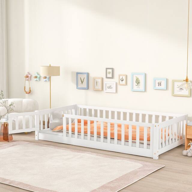 Twin/Full/Queen size Floor Platform Bed with Fence and Door for Kids, Toddlers