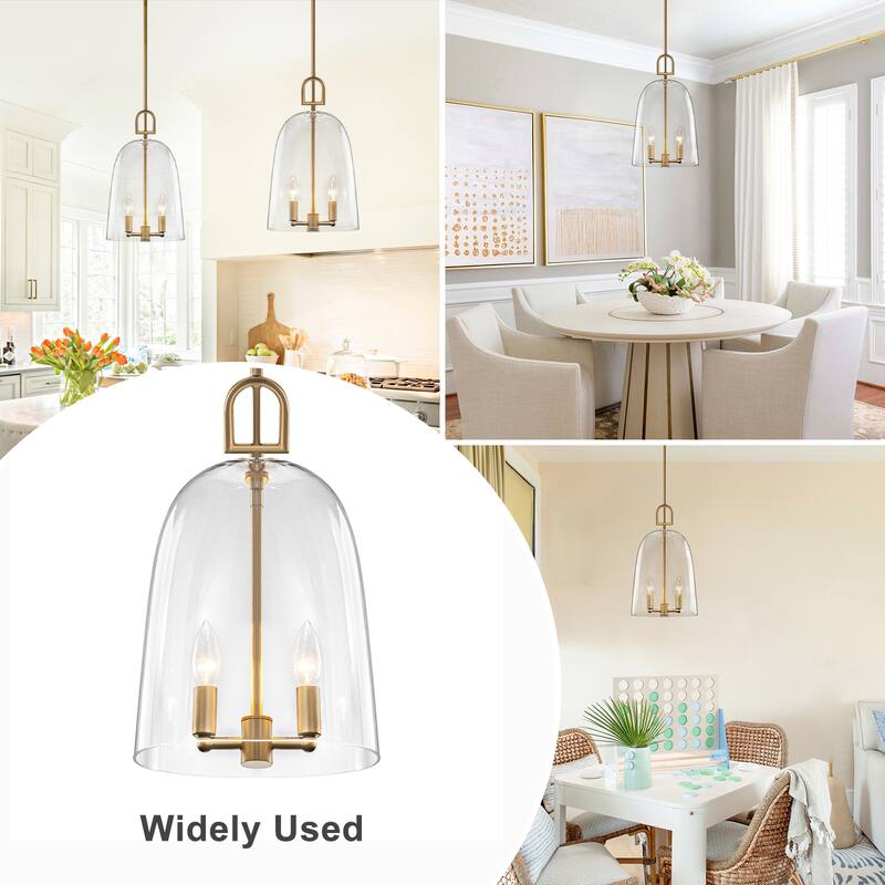2-Light Gold Metal Pendant Light with Bell-Shaped Clear Glass Shades - Dia.10-in