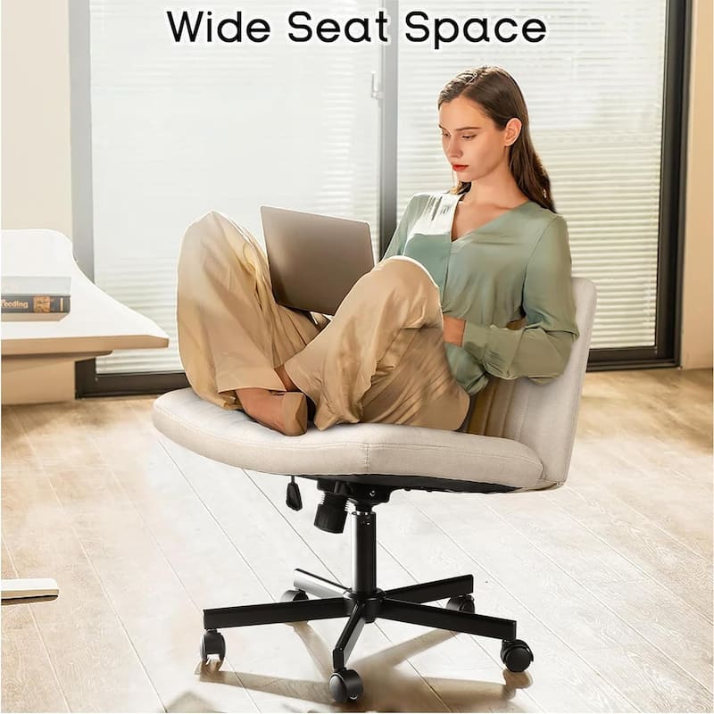 Bossin Criss Cross Chair Armless Office Desk Chair with Wheels,Fabric Padded Cross Legged Chair, Swivel Wide Seat Vanity Chair