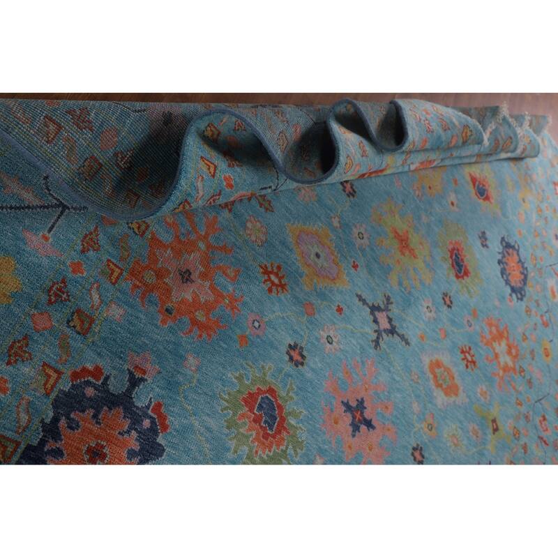 All-Over Blue Oushak Oriental Area Rug Hand-Knotted Wool Carpet - 9'0" x 11'11"