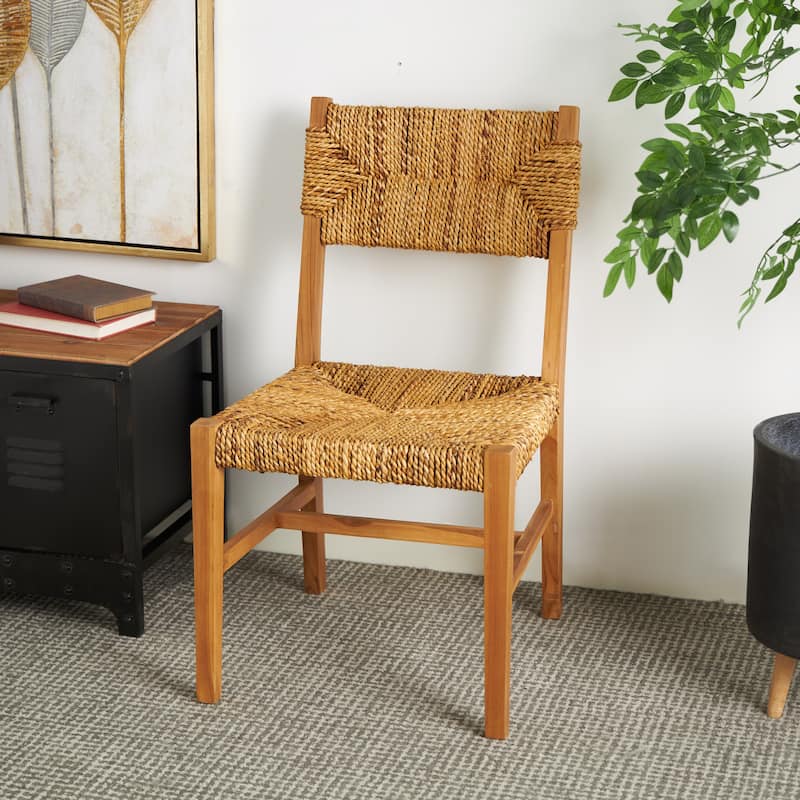 Light Brown Teak Wood Handmade Living Room Accent Chair with Woven Banana Leaf Seat (Set of 2) - Light Brown