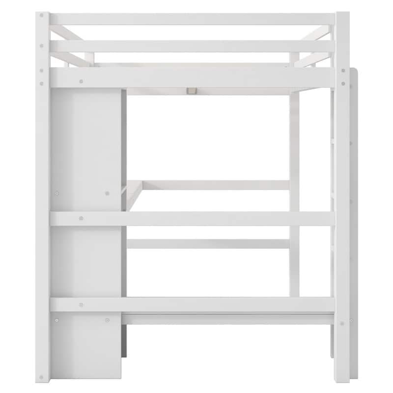 Full Size Loft Bed with Multi-Use Shelving & Underbed Study Desk ，Space-Saving College Dorm Bed with Storage Shelves