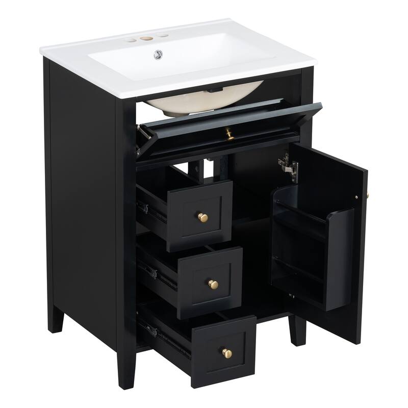 24" Bathroom Vanity With Sink, 3 Drawers & Cabinet With Adjustable Shelves, Modern Design