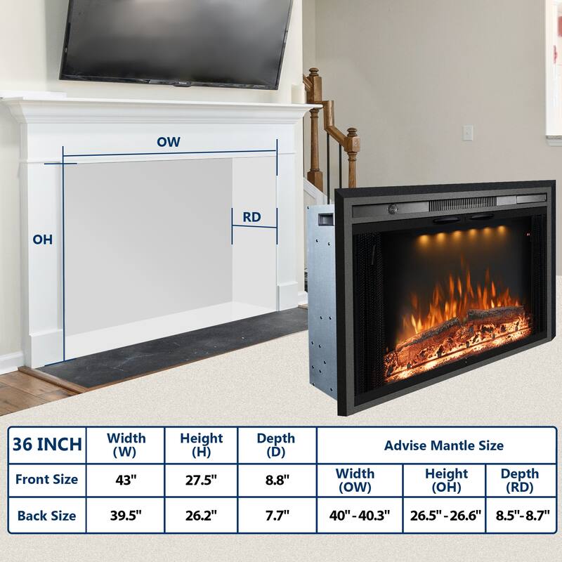 25.3 in. W Recessed Electric Fireplace Insert with Multicolor Flame & Cracking Sound