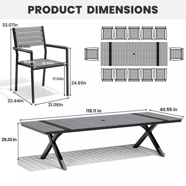 dimension image slide 0 of 4, 11/13-Piece Outdoor All-Weather Patio Dining Set Aluminum Rectangular Table with Umbrella Hole and Stackable Chairs