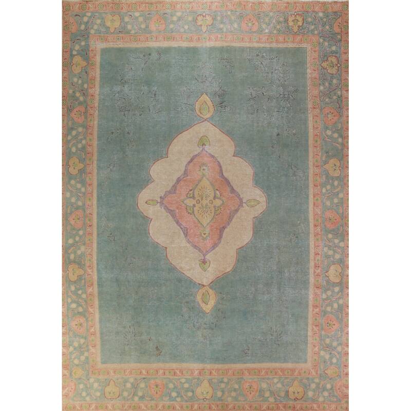 Blue Tabriz Persian Vintage Rug Oriental Handmade Wool Carpet - 9'8" x 12'9"