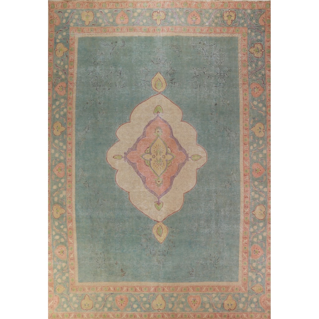 Blue Tabriz Persian Vintage Rug Oriental Handmade Wool Carpet - 9'8" x 12'9"