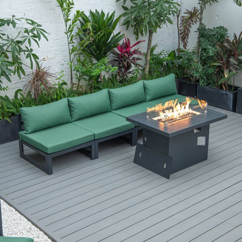 LeisureMod Chelsea 5-Piece Outdoor Patio Chairs and Fire Pit Table Set