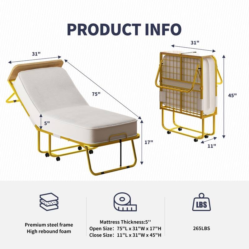 Mixoy Folding Bed with Mattress,Headboard,Dust Cover,Gold Metal Frame