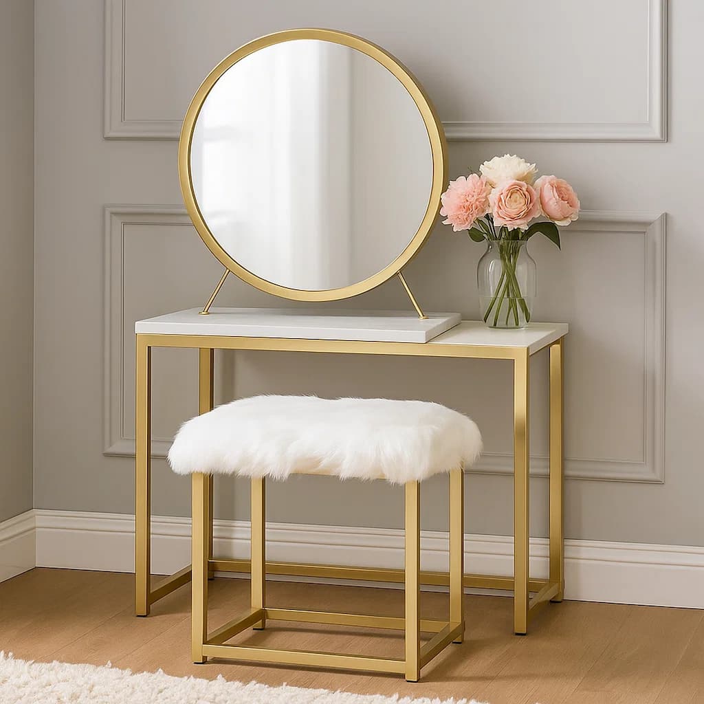 Rose Round Vanity Mirror with Stool, Faux Fur Seat, Brass, White
