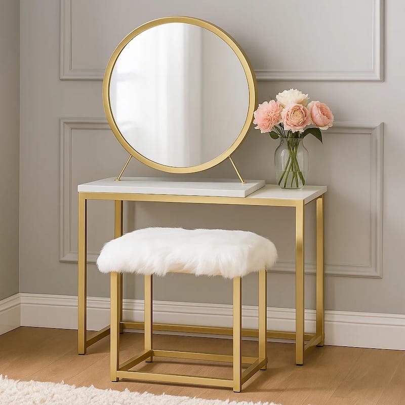 Rose Round Vanity Mirror with Stool, Faux Fur Seat, Brass, White