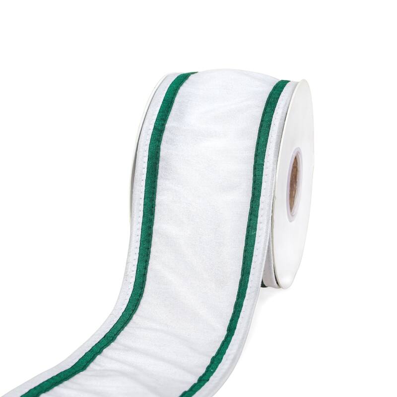 HGTV Home Collection Dupion Double Side Piping Ribbon, White Green, 3 in - 3 in