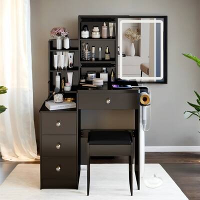 Dressing Table Set, 29.2" Vanity w/ LED Mirror, Charging Station,Stool