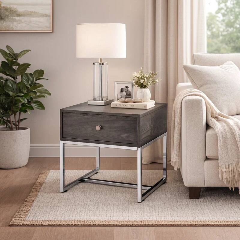 Wooden End Table with Tubular Metal Base and Spacious Drawer, Gray and Silver