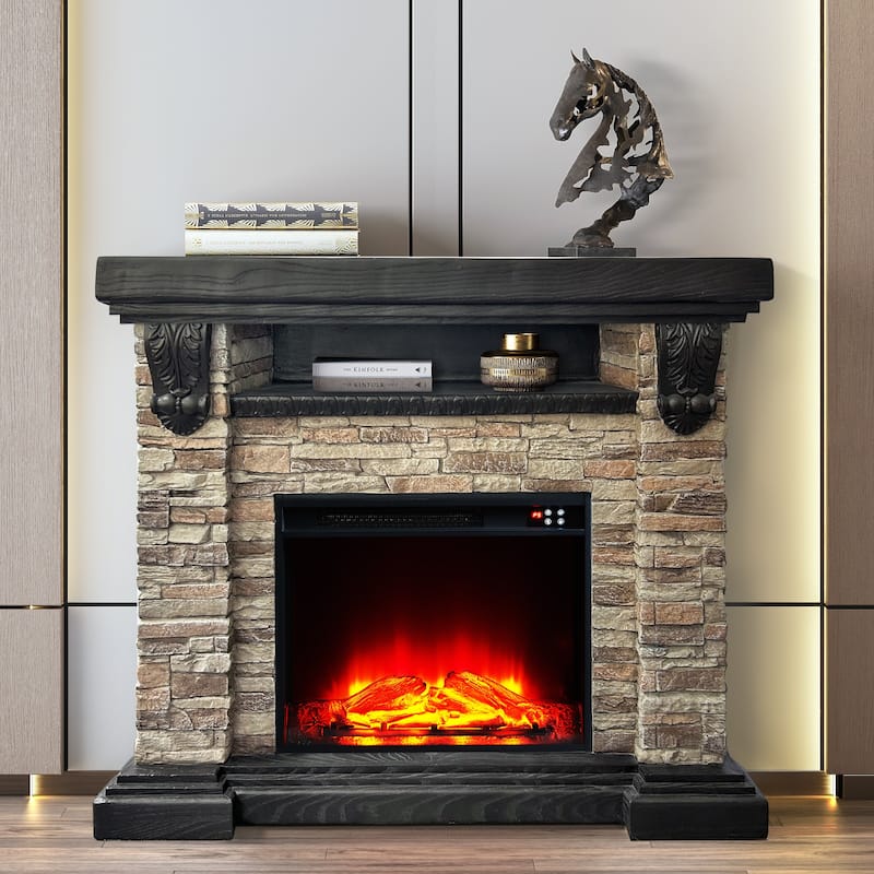 45" Electric Fireplace MGO Mantel with Faux Brick, 23" Firebox Insert and Remote Control Included - Brown