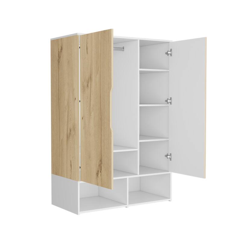 19.69" Modern Double-door Armoire with Hanging Rod, Five Internal Shelves and Two Open Shelves