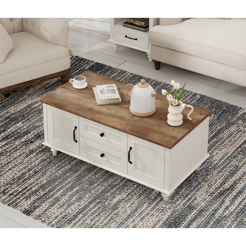 Light Wood Coffee Table with Drawer & Cabinet, Rustic Center Table