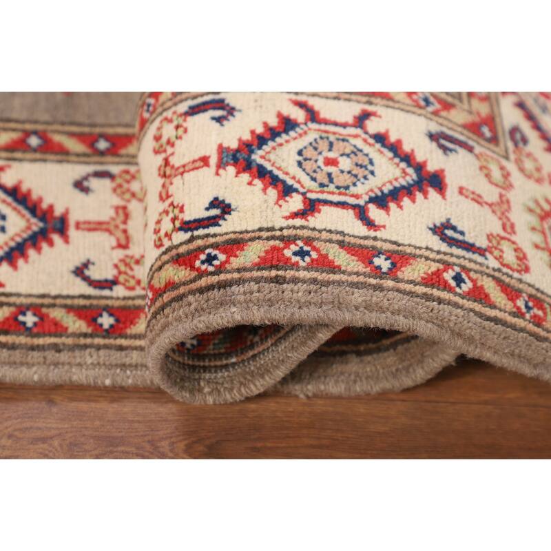 Brown Geometric Kazak Oriental Accent Rug Handmade Wool Carpet - 2'10" x 4'0"