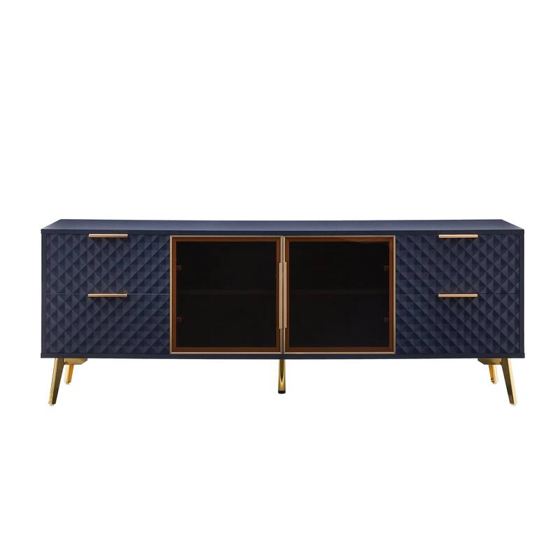 Modern TV Stand, Geometric Design TV Stand with 4 Drawers Aluminum Frame and Tempered Glass Door, for Living Rooms, Dark Blue