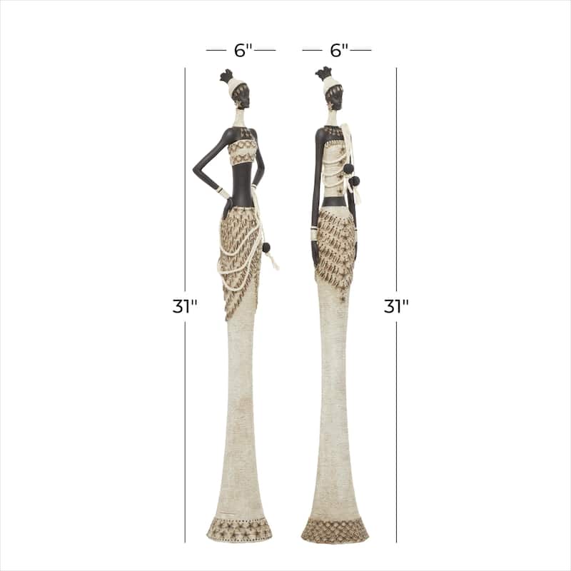 Polystone Woman Handmade Standing African Decorative Sculpture with Intricate Details - Set of 2 White - Roche River Decor