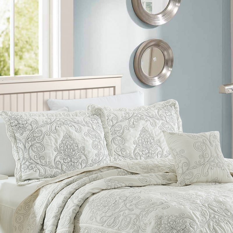 4 Piece Damask Embroidery Coverlet Set Soft Microfiber Bedding