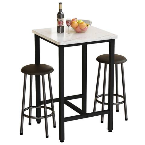 3 Piece Bar Table Set, Square Pub Table with 2 Stools, Faux Marble Dining Table Set of 2, Kitchen Counter Height Table Set - N/A